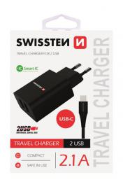 Sov adaptr Swissten smart IC 2x USB 2,1A Power + datov kabel  USB / Type C 1,2m ern, 22054000