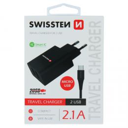 Sov adaptr Swissten SMART IC 2x USB 2,1A Power + datov kabel USB / micro 1,2 M ern, 22052000