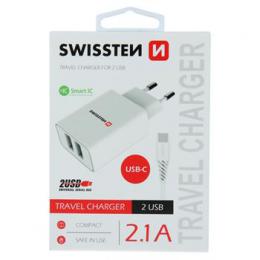 S�ov� adapt�r Swissten SMART IC 2x USB 2,1A POWER + datov� kabel USB / TYPE C 1,2 , b�l�, 22053000 - zv�t�it obr�zek