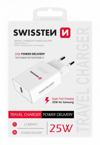 Sí�ový adaptér Swissten PD 25W USB-C pro iPhone a Samsung, Super fast charging, bílý, 22060300