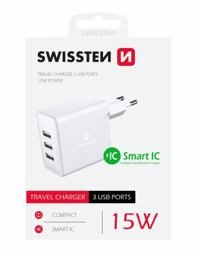Sí�ový adaptér Swissten 3x USB, 3A, 15W, bílý, 22052100