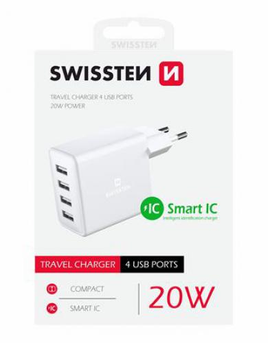 Sí�ový adaptér Swissten 4x USB, 4A, 20W, bílý, 22053100