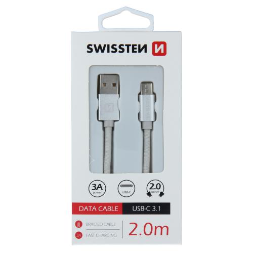 Datový kabel Swissten textile USB / USB-C, 2,0 m, støíbrný, 71521303 - zvìtšit obrázek