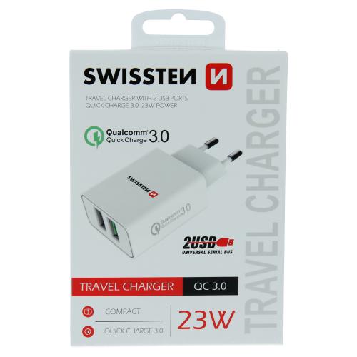 Sí�ový adaptér Swissten 2x USB QC 3.0 + USB, 23W, bílý, 22060100