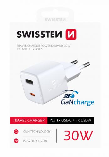 Mini sí�ový adaptér Swissten GaN 1x USB-C + 1xUSB 30W POWER DELIVERY, 22056100