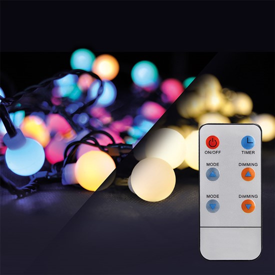 LED 2v1 venkovní vánoèní øetìz, koule, dálkový ovladaè, 200LED, RGB+bílá, 20m+5m, 8 funkcí, IP44, Solight 1V09-RGB - zvìtšit obrázek