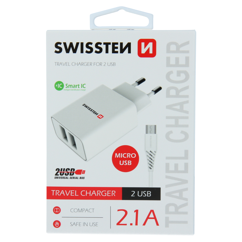 S�ov� adapt�r Swissten SMART IC 2x USB 2,1A Power + datov� kabel USB / micro 1,2 M b�l� - zv�t�it obr�zek