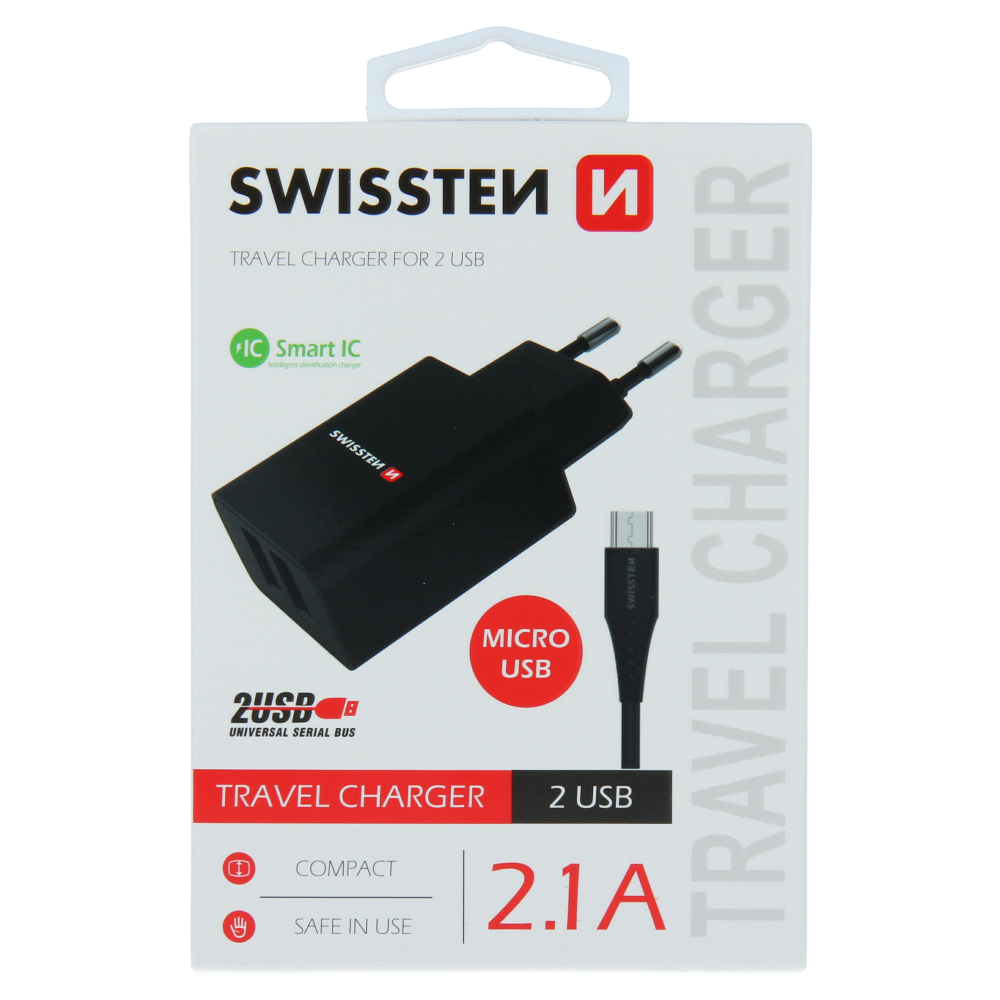 S�ov� adapt�r Swissten SMART IC 2x USB 2,1A Power + datov� kabel USB / micro 1,2 M �ern�, 22052000 - zv�t�it obr�zek