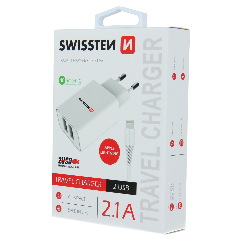S�ov� adapt�r Swissten SMART IC 2x USB 2,1A POWER + datov� kabel USB / Lightning 1,2 M b�l� - zv�t�it obr�zek