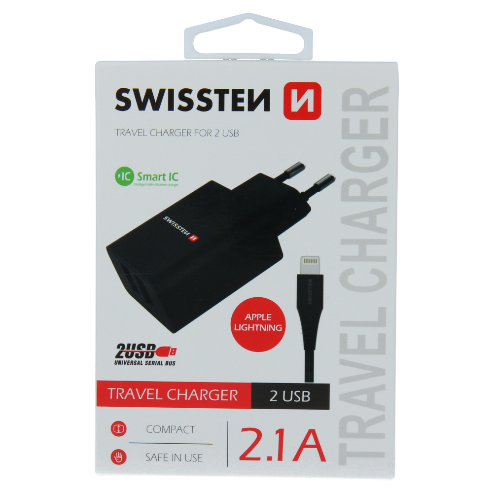 S�ov� adapt�r Swissten SMART IC 2x USB 2,1A POWER + datov� kabel USB / Lightning 1,2 M �ern� - zv�t�it obr�zek