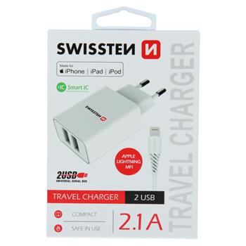 S�ov� adapt�r Swissten Smart IC 2x USB 2,1A Power + kabel USB/Lightning MFi 1,2 m b�l� - zv�t�it obr�zek