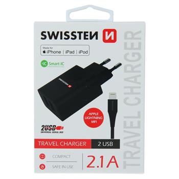 S�ov� adapt�r Swissten Smart IC 2x USB 2,1A Power + kabel USB/Lightning MFi 1,2 m �ern� - zv�t�it obr�zek