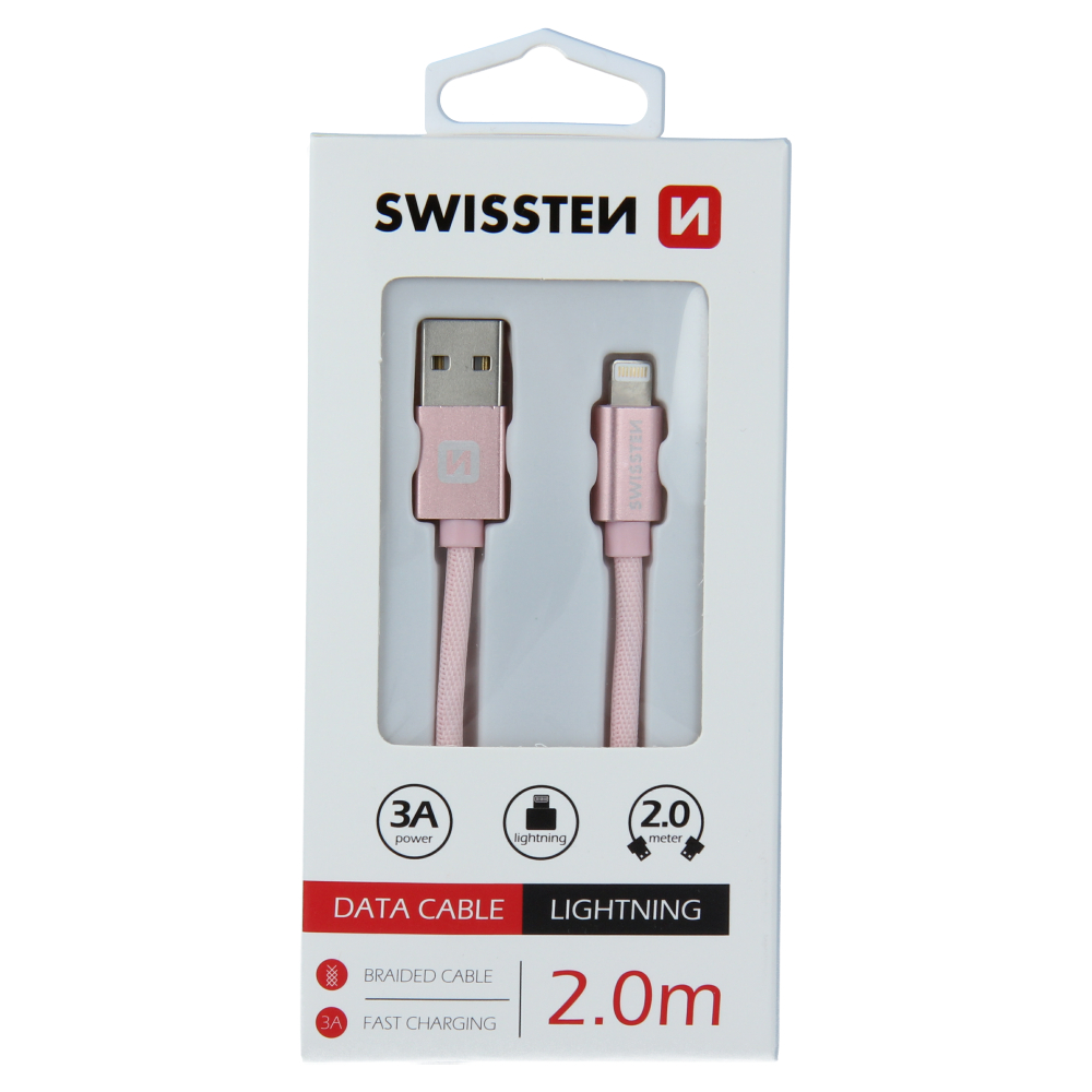 Datový kabel Swissten textile USB / Lightning 2,0 M Rùžovo/Zlatý 71523305 - zvìtšit obrázek