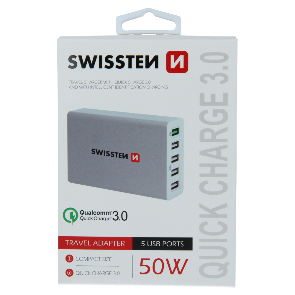 S�ov� adapt�r Swissten Qualcomm 3,0 Quick Charge, SMART IC, 5x USB 50W Power b�l�, 22013306 - zv�t�it obr�zek
