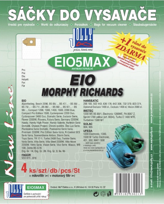 Sáèky do vysavaèe Jolly EIO5 MAX EIO, Morphy Richards, textilní (4 ks) + 1 vùnì zdarma - zvìtšit obrázek