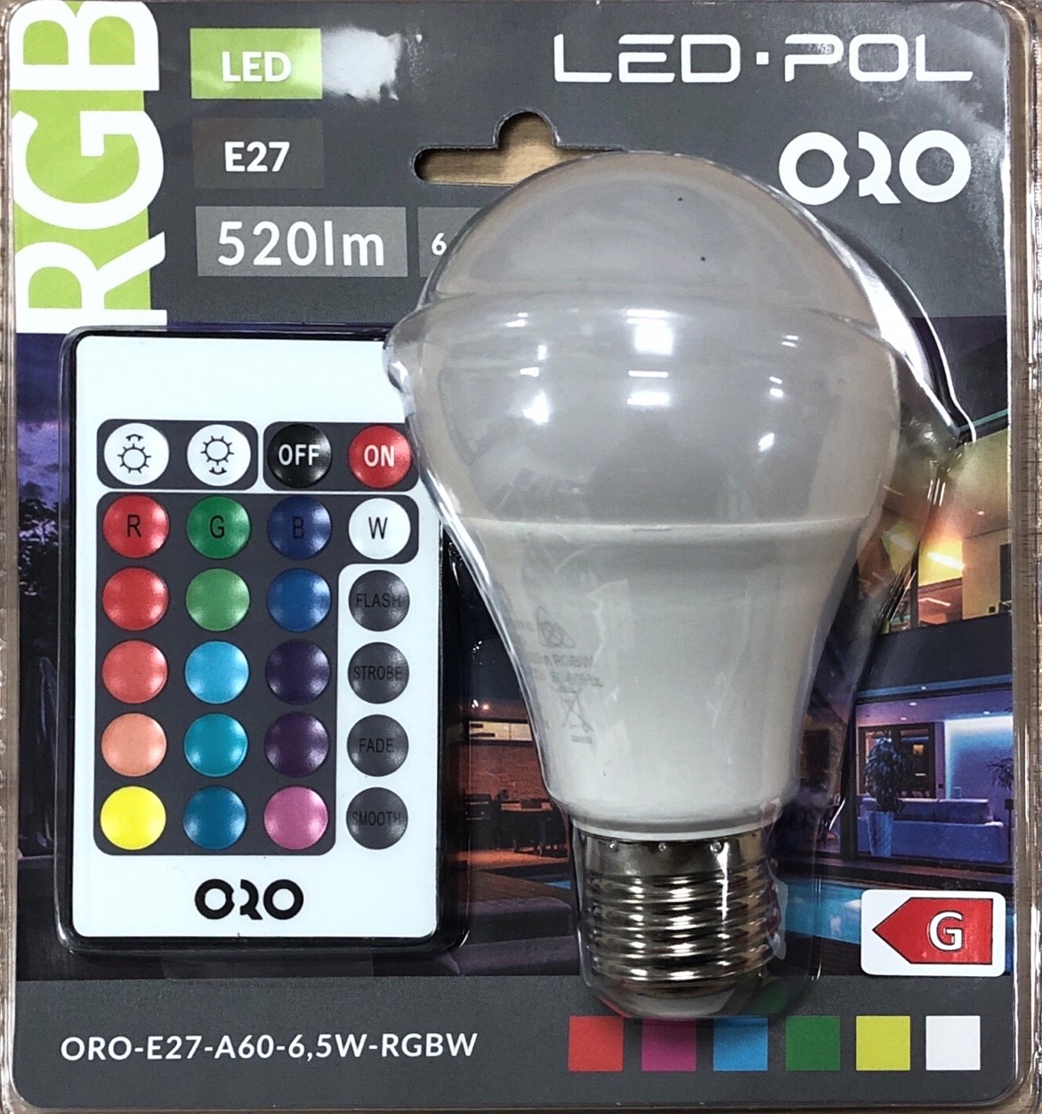 LED RGBW žárovka LED-POL 6,5W, 520lm, E27, dálkový ovladaè, ORO04112 - zvìtšit obrázek