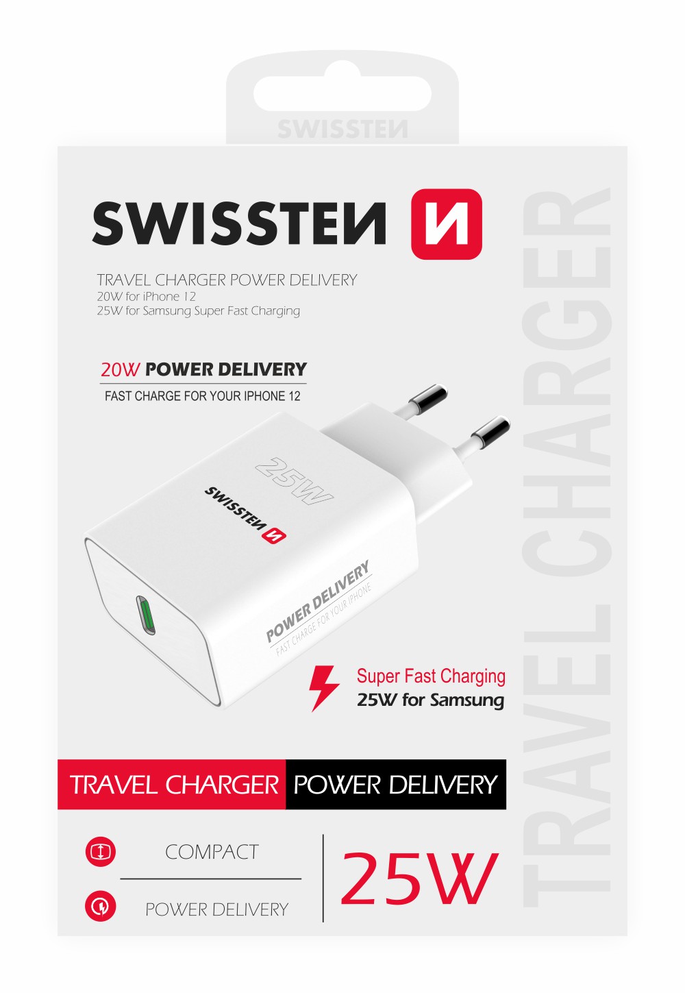 S�ov� adapt�r Swissten PD 25W USB-C pro iPhone a Samsung, Super fast charging, b�l�, 22060300 - zv�t�it obr�zek