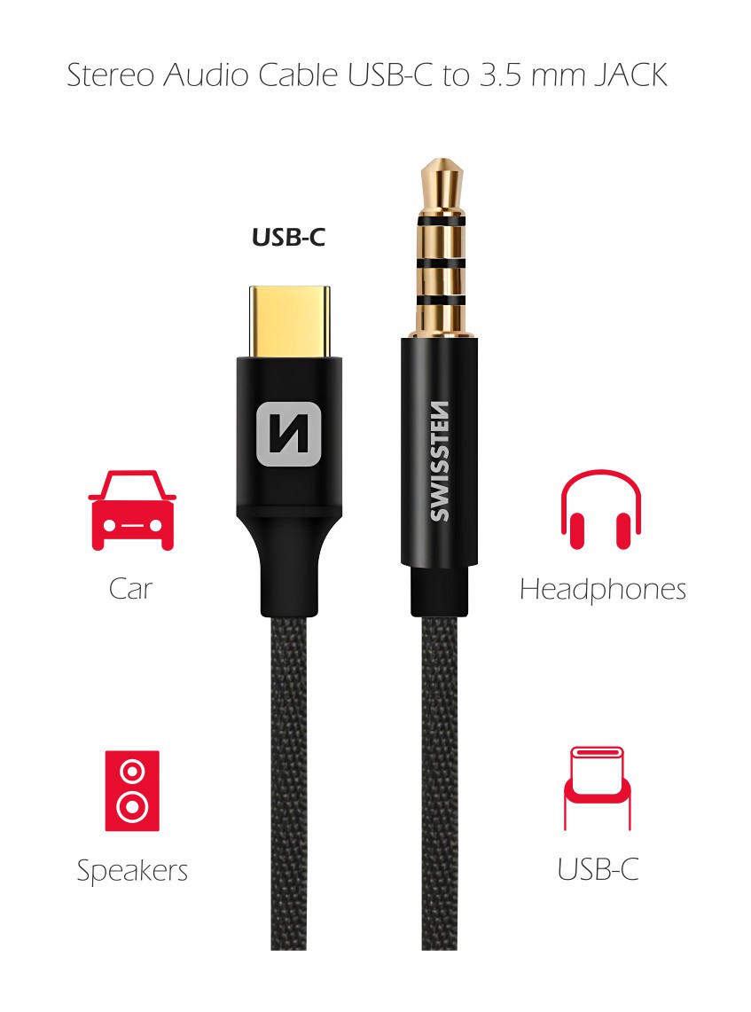 AUDIO adaptér SWISSTEN textile USB-C (samec)/3,5 mm JACK (samec) 1,5M èerný, 73501303 - zvìtšit obrázek