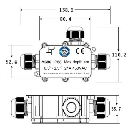 Vodìodolná propojovací krabièka IP68, 1x vstup, 2x výstup, 5-9/9-12mm, max 2,5mm2, Solight WW004 - zvìtšit obrázek